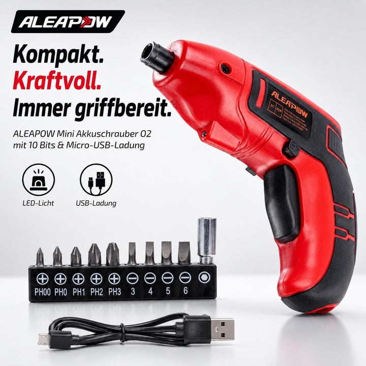 Mini Akku-Schrauber 3,6V, 200 U/Min, 5 Nm, 2000mAh, mit 9+1 Bits, LED-Licht, USB-Ladekabel – kompakt