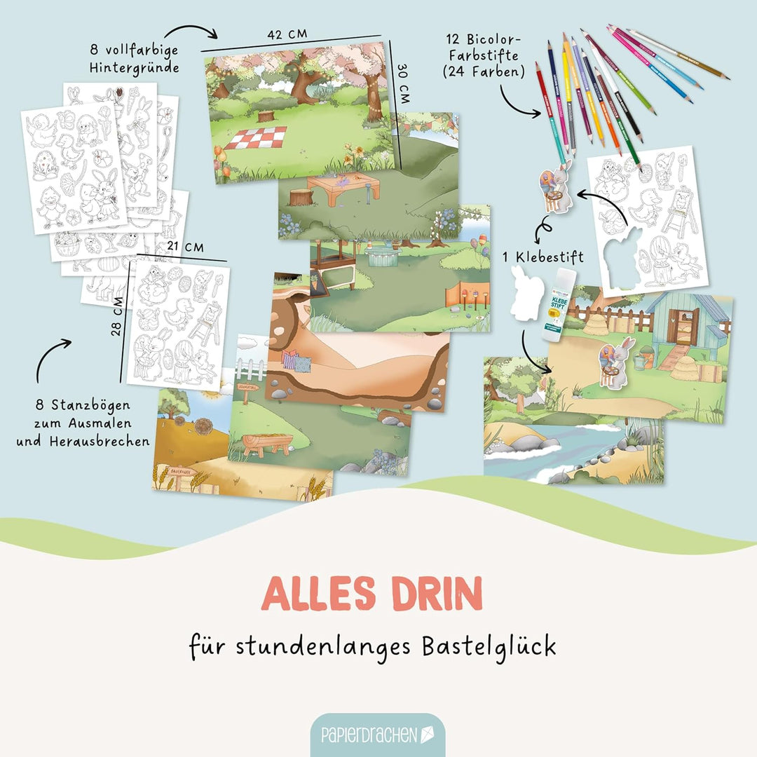Papierdrachen Bastelbox Osterhasenwelt - Komplettes Ostern Bastelset ab 3 Jahren - Inkl. Buntstifte