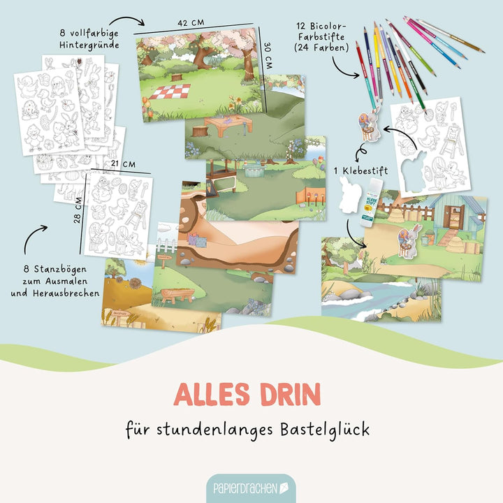 Papierdrachen Bastelbox Osterhasenwelt - Komplettes Ostern Bastelset ab 3 Jahren - Inkl. Buntstifte