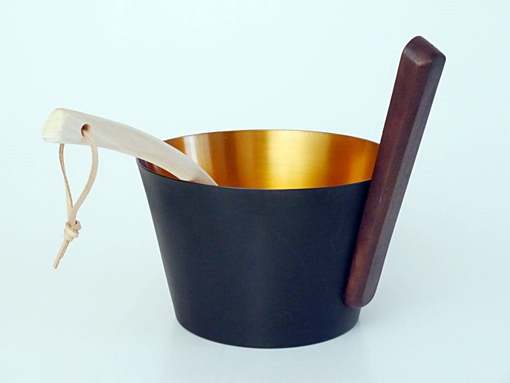 Saunakübel 5,0 l aus ALU (schwarz-gold) mit Holzgriff plus Schöpfkelle