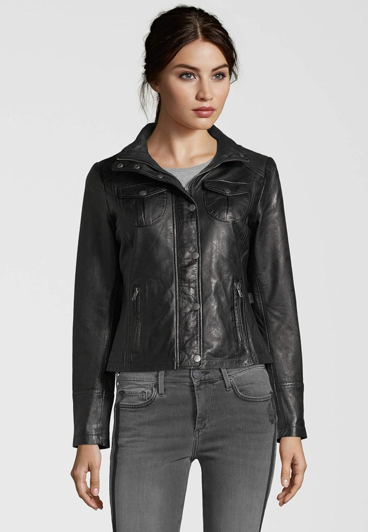 7eleven Damen Lederjacke Paris mit Zwei Brusttaschen Black 34 Schwarz, 34 Schwarz
