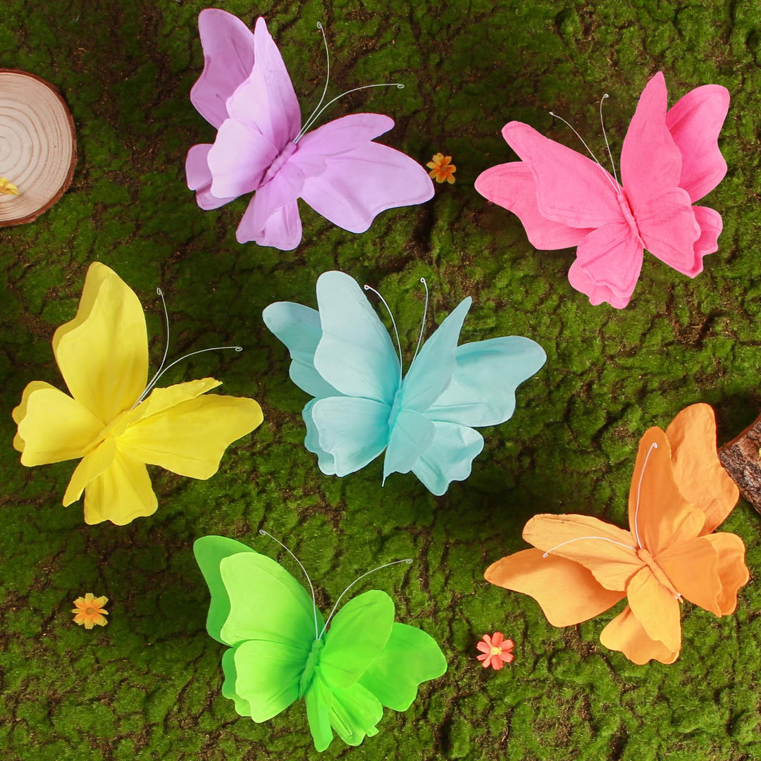SUNBEAUTY 6 Stück 3D Schmetterling Deko mit Clip Papier Schmetterlinge Deko Bunt Fliegende Schmetter