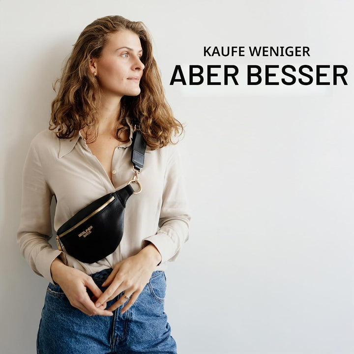 Berliner Bags Premium Bauchtasche Mona Fanny Pack aus Leder Umhängetasche Damen Herren (Schwarz/Gold