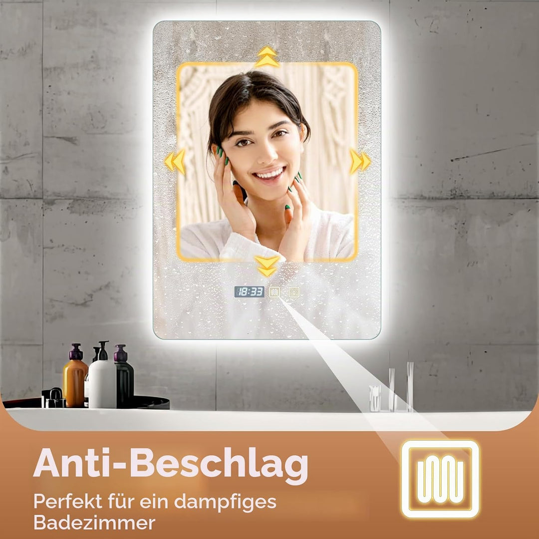 Badspiegel mit Beleuchtung 70x50cm, Wandspiegel LED Spiegel mit Beleuchtung Bad mit Touch-Schalter B