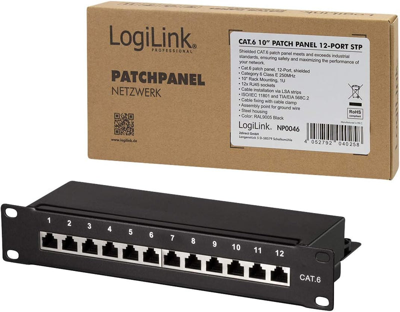 LogiLink Professional Cat.6 (250 MHz) Patchpanel - Verteilerfeld, 10", STP (geschirmt) 12-Port (RJ45