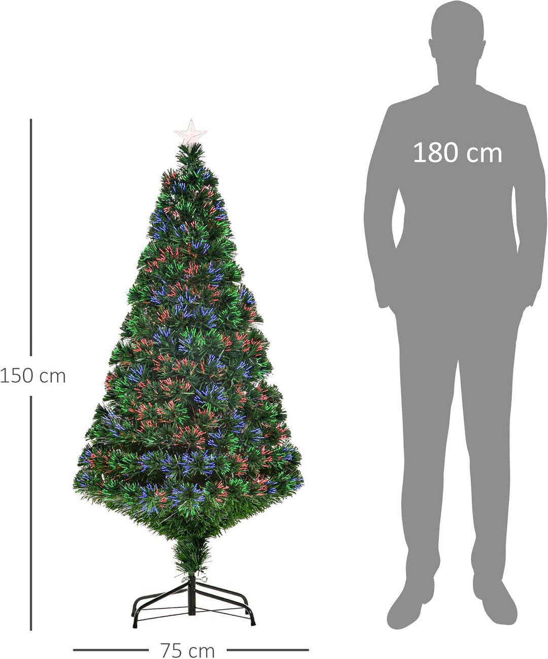 HOMCOM Künstlicher Weihnachtsbaum 150 cm mit Glasfaser künstlich Tannenbaum mit LED Beleuchtung, 180