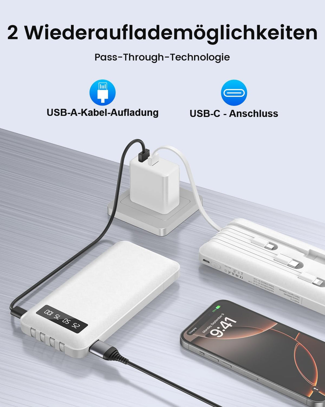 Powerbank 26800mAh 22.5W mit 4 Kabel, Power Bank USB C Schnellladefunktion mit LED Display & Halteru
