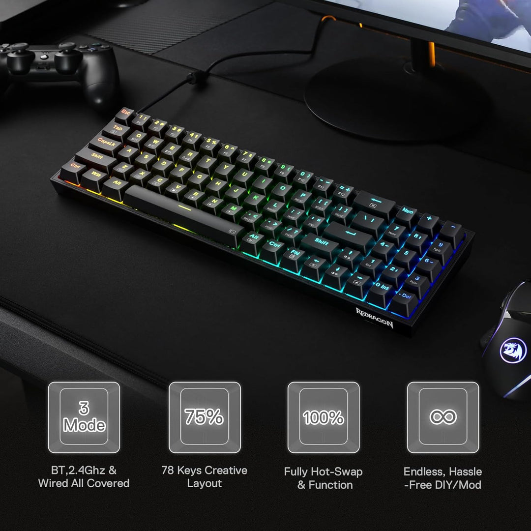 Redragon BS136 Gaming-Tastatur- und -Maus-Kombination, 75% K628 Tri-Mode-kabellose mechanische RGB-T