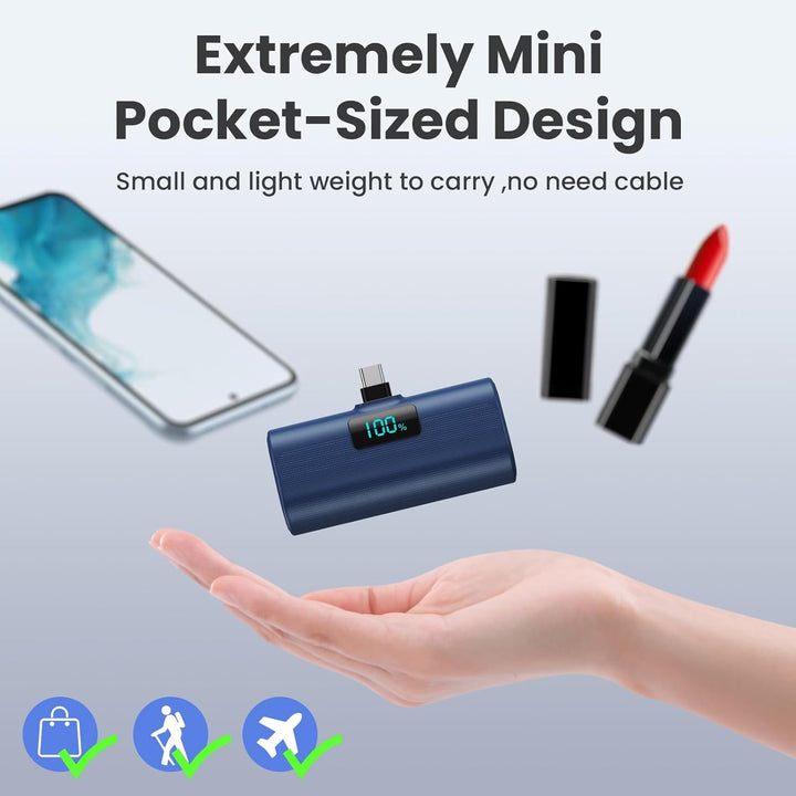 Mini Powerbank 5200mAh, Klein Power Bank USB C PD Externer Akku, Compact LCD Digitalanzeige Akkupack