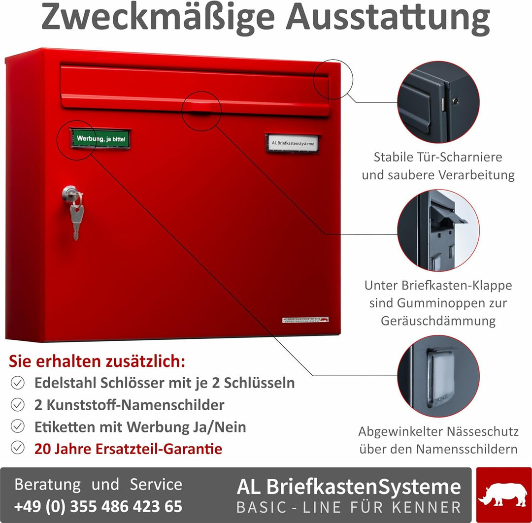 AL Briefkastensysteme Basic 4er Briefkasten RAL 3000 Feuer Rot 4 Fächer DIN A4 wetterfest Briefkaste