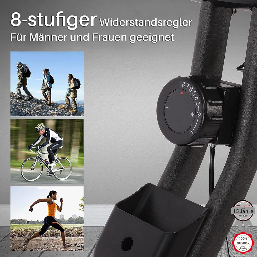 Ultrasport F-Bike, Fahrradtrainer, Heimtrainer, faltbares Fitnessfahrrad, integrierter Trainingscomp