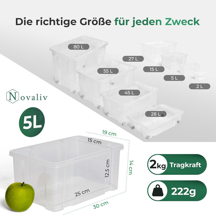 Novaliv 4x Aufbewahrungsboxen ohne Deckel 5L 30 x 19 x 14 cm transparente Nestbar stapelbare Storage