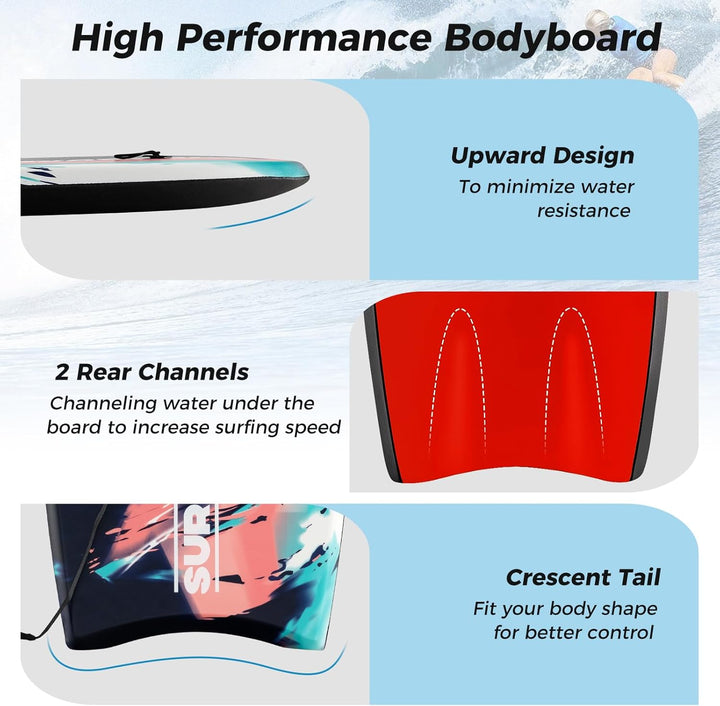 HOMASIS Leichtes Bodyboard, Surfbrett mit EPS-Kern, XPE-Deck, HDPE-Boden & Handgelenk-Leash, Surfboa