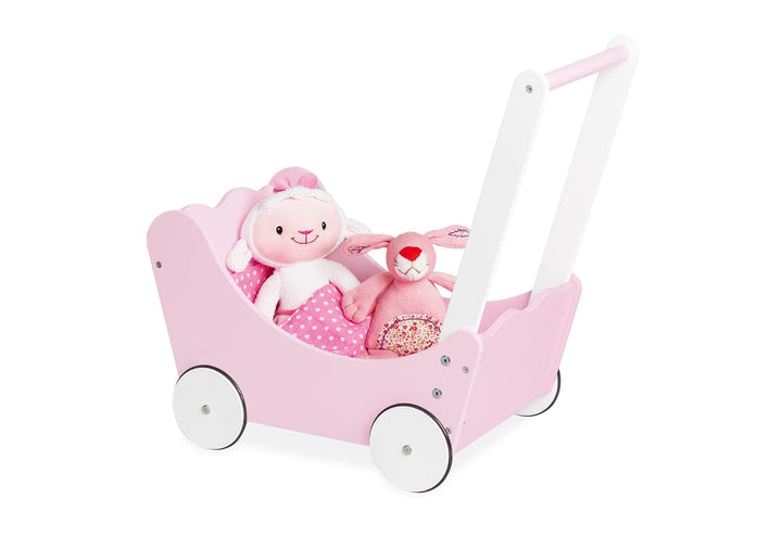 PINOLINO Puppenwagen Jasmin Komplettset, 4-tlg., Rosa & Weiss, Inkl. Bettzeug, Gummierte Räder, MDF,
