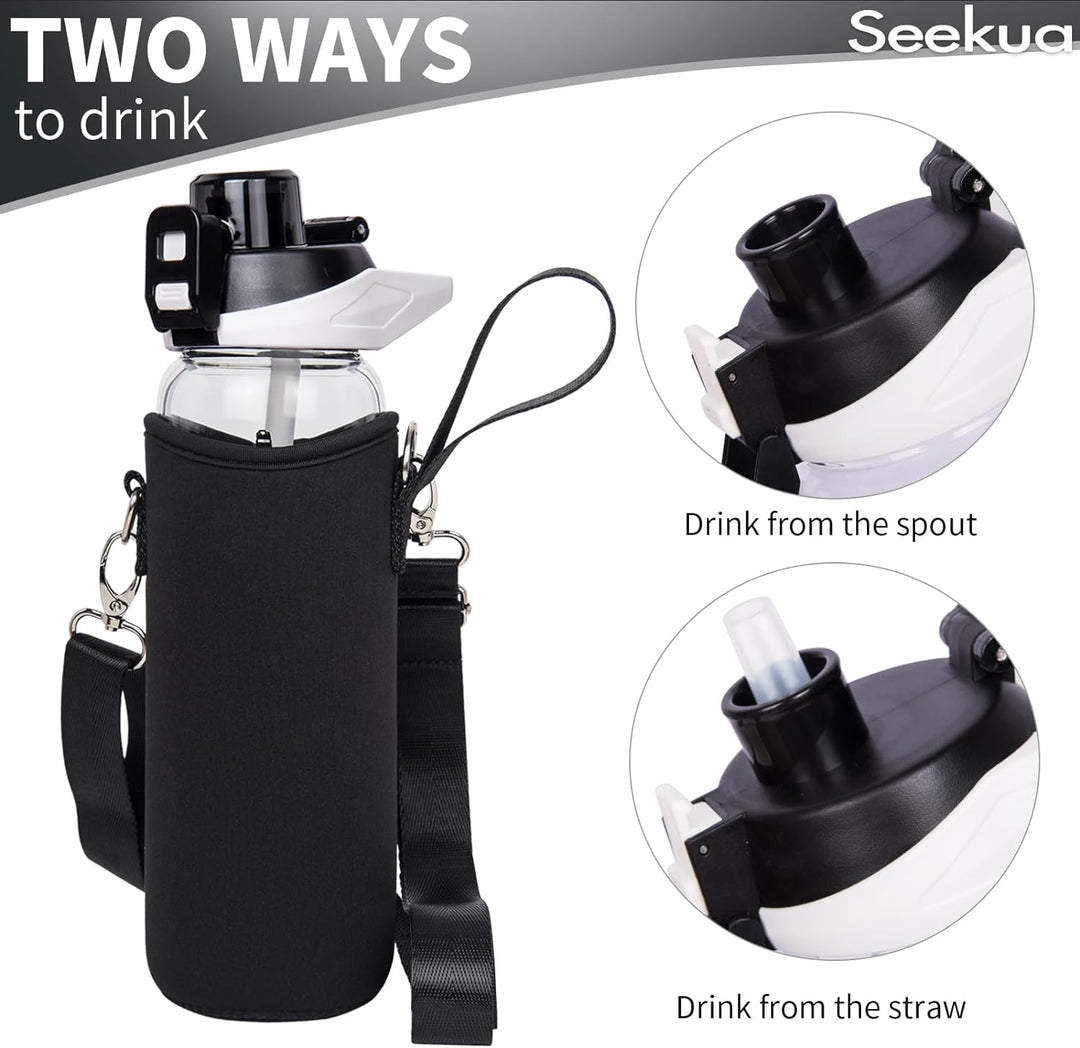 Seekua 0.8l Sport Trinkflasche Glas Flasche mit Strohhalm & Zeitmarkierung 800ml auslaufsicher bpa f