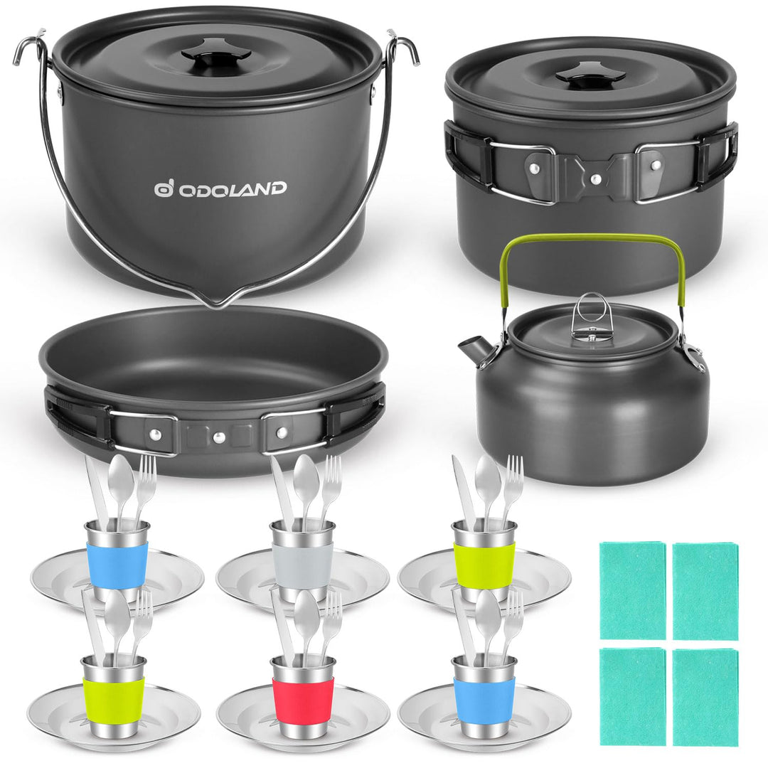 Odoland Camping Geschirr Set, Kochgeschirr für Outdoor Kochen für Camping, Rucksacktourismus, Kochen