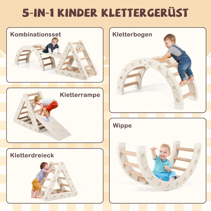 Costway 5-in-1 Klettergerüst Indoor, Kletterdreieck mit Kletterbogen & Holzdreieck & Rutsche, inkl.