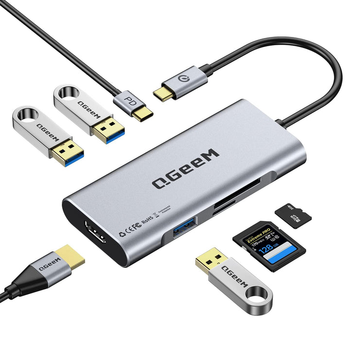 QGeeM USB C Hub, USB C auf HDMI Adapter, 4K 7 in 1 USB C Dongle mit 100W Stromversorgung, 3 USB 3.0