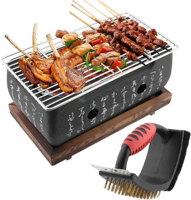 Tischgrill Holzkohle Japanischer Grill mit BBQ Reinigungsbürste, Mini BBQ Grill, Japanischer Stil BB