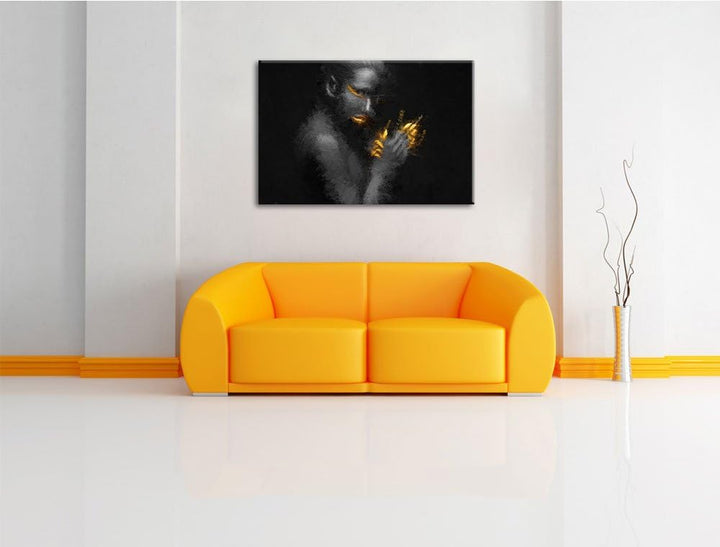 Dark Frau mit goldenen Fingerspitzen und Lippen Deluxe Format: 100x70 cm auf Leinwand, XXL riesige B