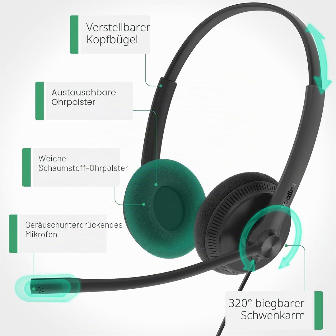 Yealink UH34 USB Wired Headset mit Mikrofon - Stereo-Kopfhörer mit Geräuschunterdrückung, profession