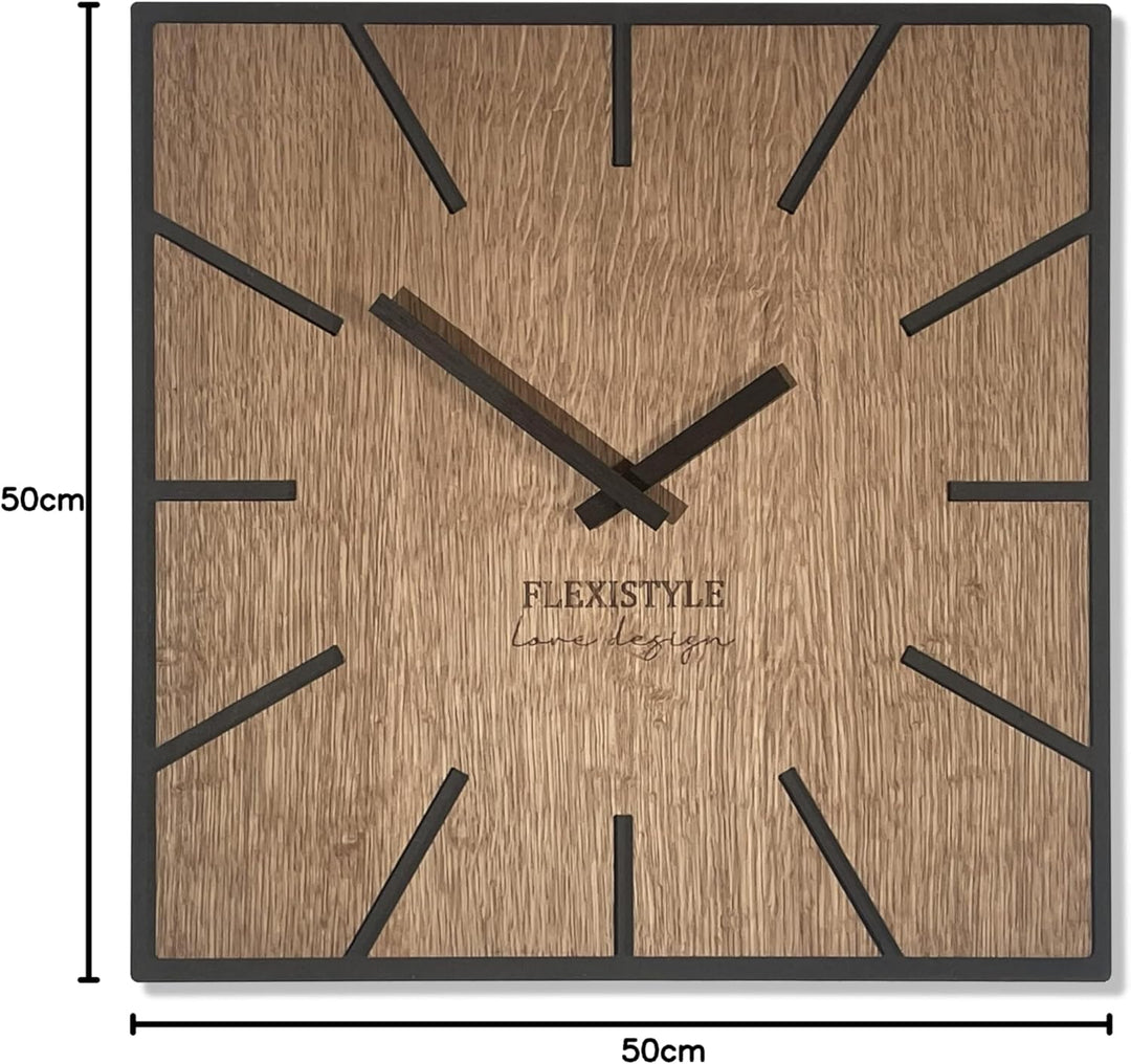 FLEXISTYLE Moderne quadratisch grosse WanduhrHolz ECO 40cm, Stille, Holzoptik, Eiche, Wohnzimmer, Sc