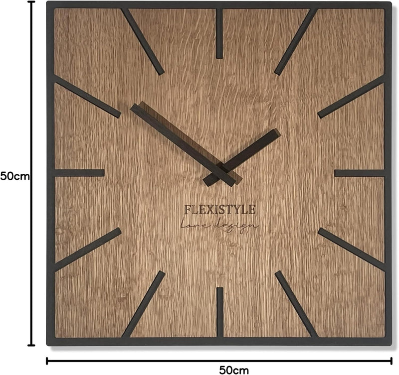 FLEXISTYLE Moderne quadratisch grosse WanduhrHolz ECO 40cm, Stille, Holzoptik, Eiche, Wohnzimmer, Sc