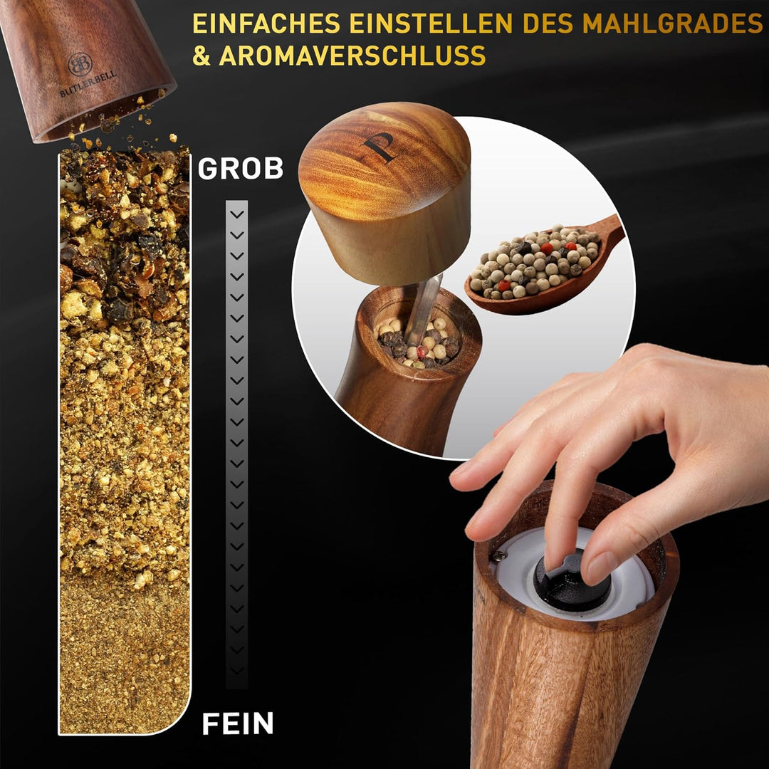 Salz und Pfeffermühle Holz inkl. Untersetzer | 2er Set Gewürzmühle mit verstellbarem Keramikmahlwerk