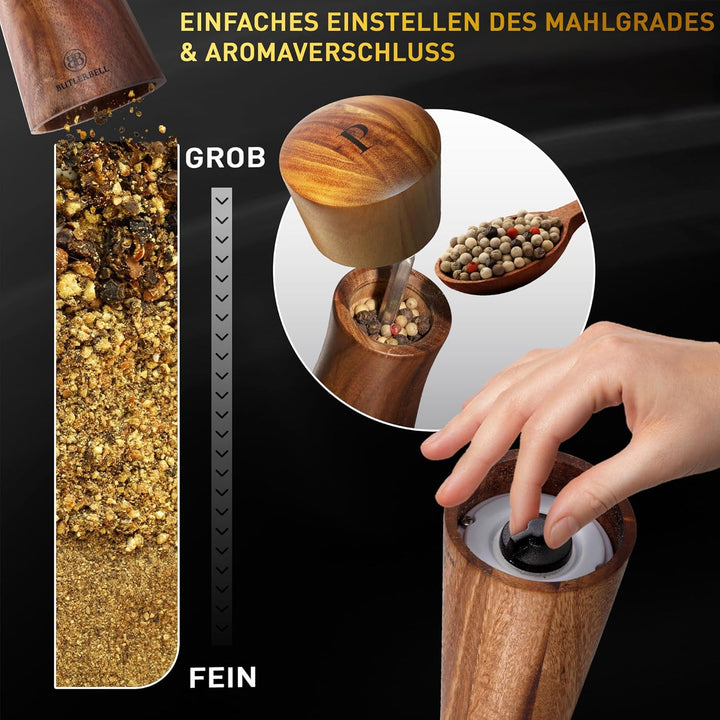 Salz und Pfeffermühle Holz inkl. Untersetzer | 2er Set Gewürzmühle mit verstellbarem Keramikmahlwerk