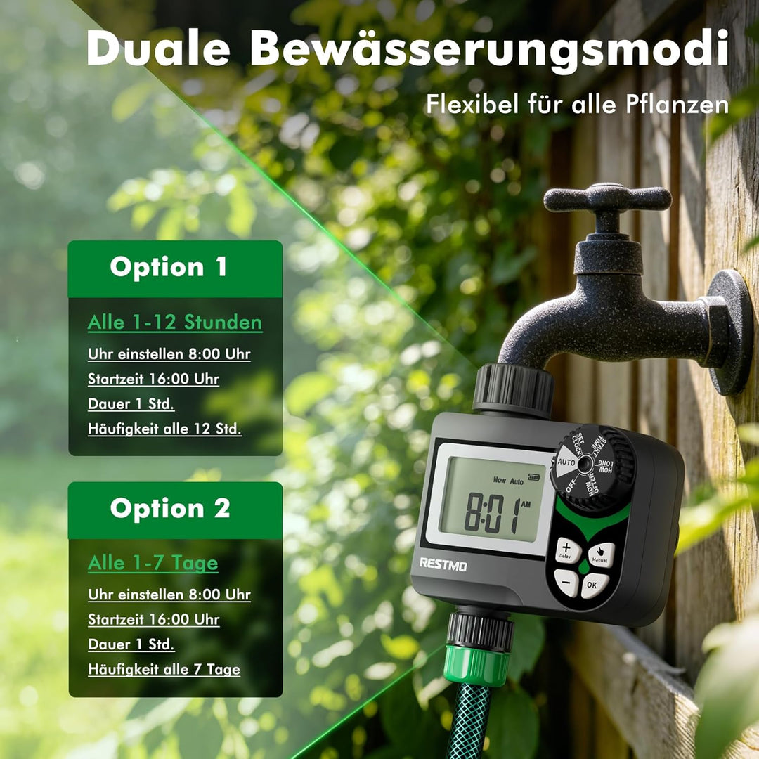RESTMO Bewässerungscomputer mit druckverlustfreiem Kugelhahn (0-120 PSI), Intervall-Programm (2 Modi