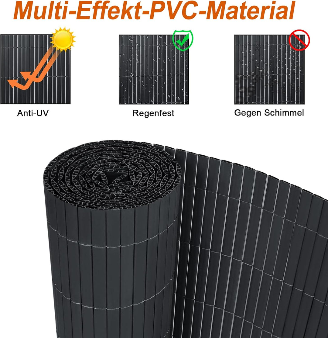 PVC Sichtschutzmatte Sichtschutzzaun 200x300CM, Anthrazit, Outdoor Sichtschutz mit verstärkten Lamel