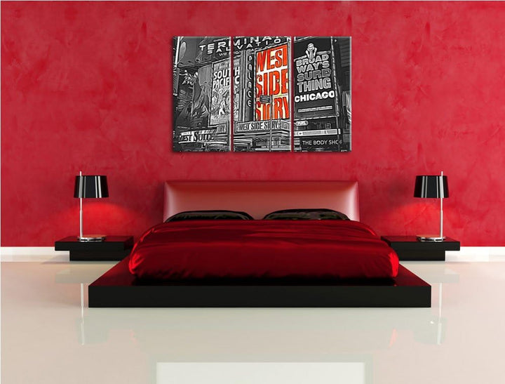 grossartiges Programm des berühmten Broadway's schwarz/weiss Spezial 3-Teiler Leinwandbild 120x80 Bi