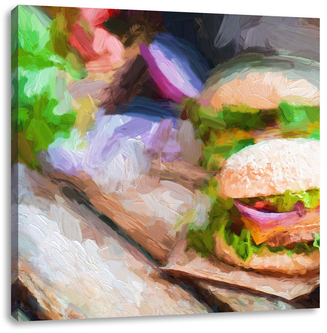 Pixxprint Leckere Burger Pinsel Effekt, Format: 70x70 auf Leinwand, 70x70