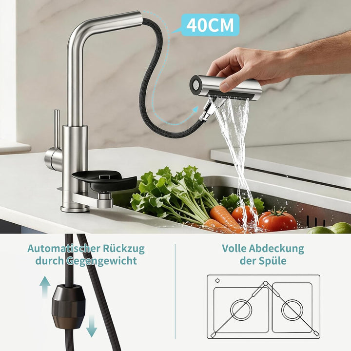 360° drehbarer Wasserhahn Küche ausziehbar mit Brause, wasserfall Mischbatterie Küche mit Gläserspül