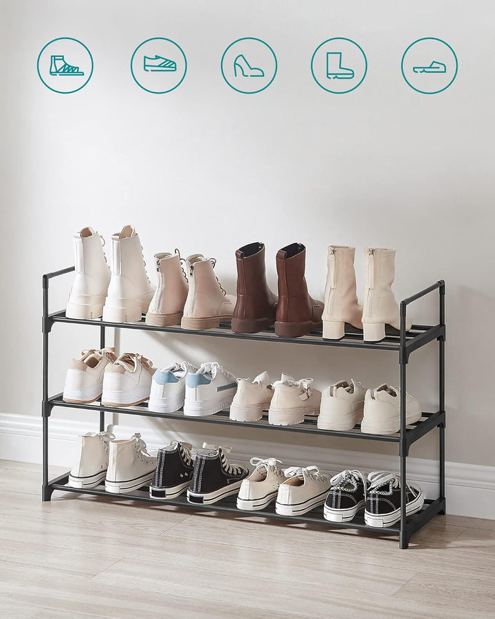 SONGMICS Schuhregal 3 Ebenen, Schuhständer Metall, Schuhaufbewahrung, Schuh-Organizer für 12-15 Paar