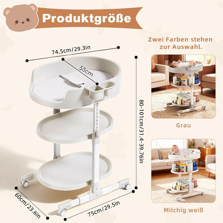Wickeltisch, Wickelkommode für Baby, Höhenverstellbare Mobiler Baby Wickeltisch mit Stauraum, Tragba