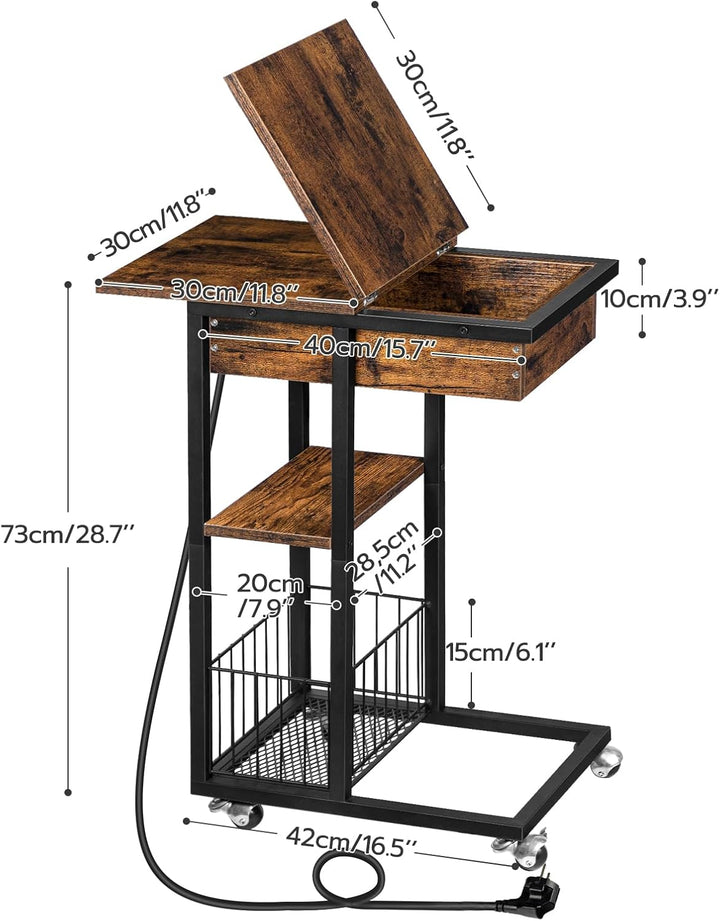 HOOBRO Beistelltisch mit Ladestation, Flip C-Form Sofatisch, Couchtisch mit Rädern und Ablagefläche,