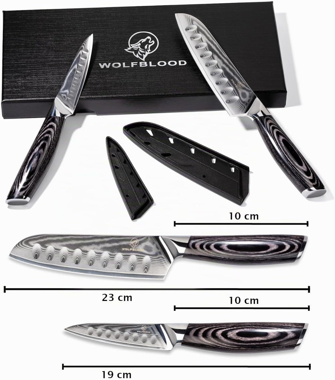 Wolfblood PRO 2er Damastmesser Set L (23cm und 19cm) TÜV geprüfter 62 HRC Damaststahl aus 67 Lagen I