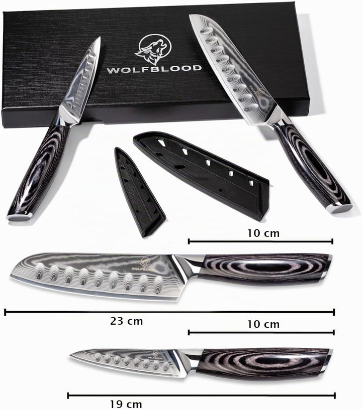 Wolfblood PRO 2er Damastmesser Set L (23cm und 19cm) TÜV geprüfter 62 HRC Damaststahl aus 67 Lagen I