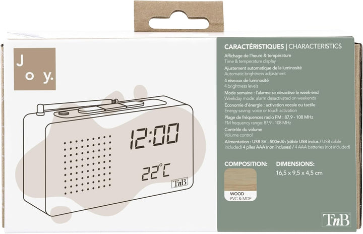 T'nB Woody Digitaler Radiowecker, 1 programmierbarer Alarm, FM-Radio mit automatischem Scan, Tempera
