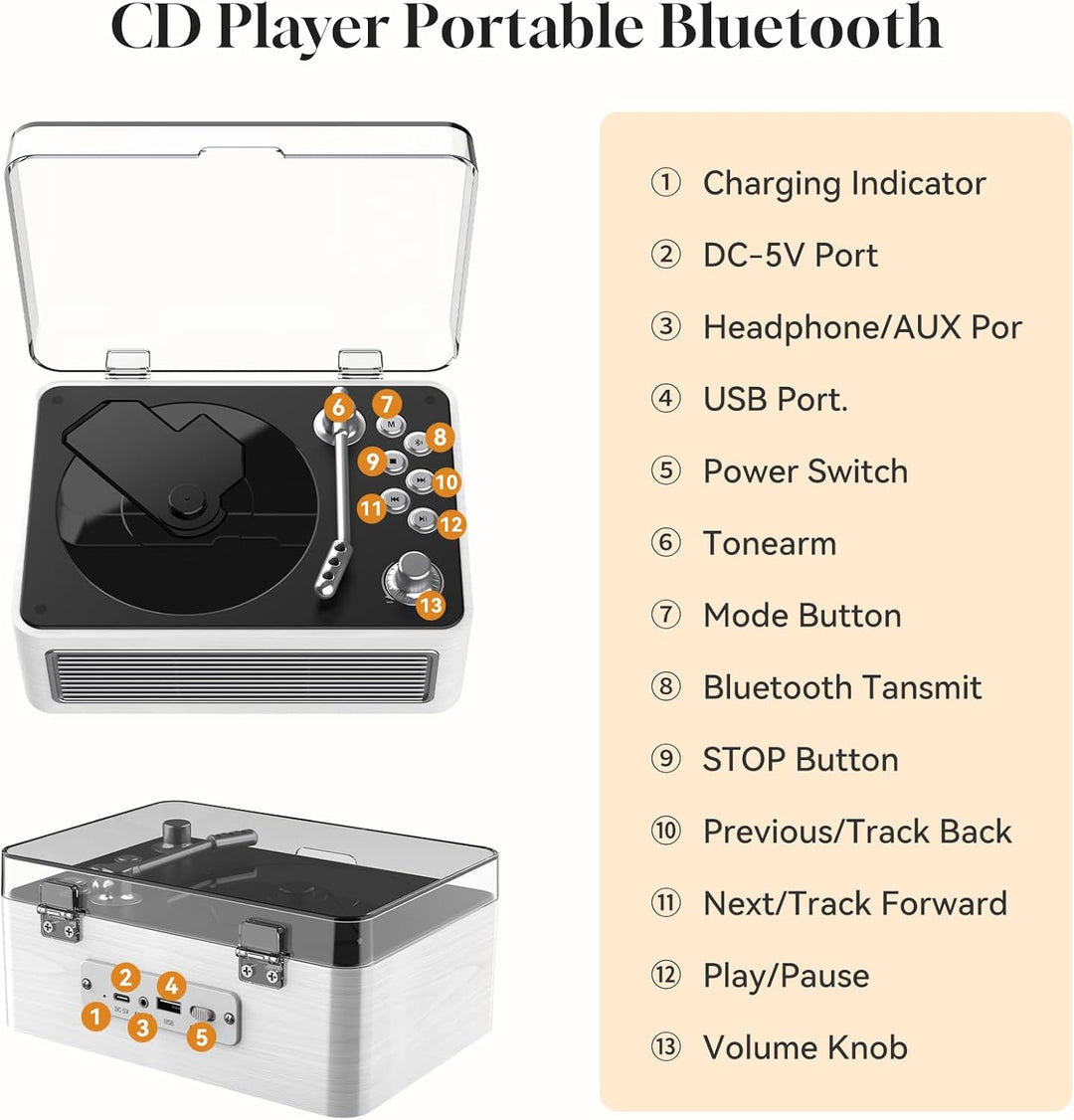 Gueray Tragbarer CD Player Bluetooth CD-Player mit Lautsprecher & Radio & Fernbedienung Unterstützt