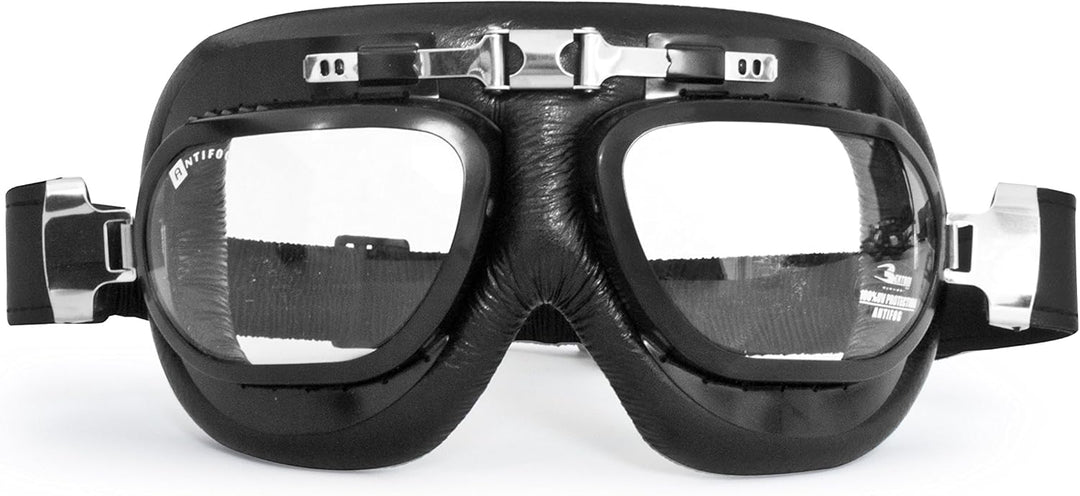 BERTONI Motorradbrille Schutzbrille Vintage mit Chrom Stahlrahmen – Fliegerbrille aus Leder für Harl