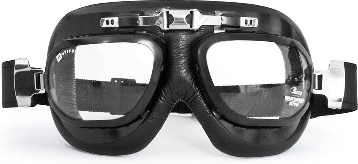 BERTONI Motorradbrille Schutzbrille Vintage mit Chrom Stahlrahmen – Fliegerbrille aus Leder für Harl