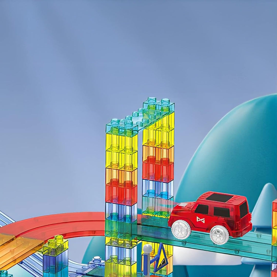 CELMAN Magnetische Bausteine Autorennbahn, 63 Stück Set 3D Magnet Bausteine Auto Rennbahn, Magnetbau