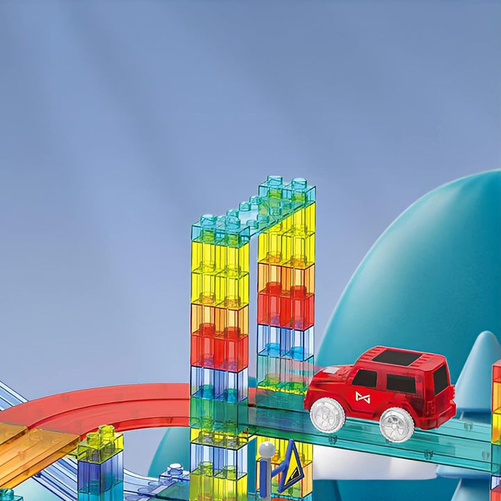 CELMAN Magnetische Bausteine Autorennbahn, 63 Stück Set 3D Magnet Bausteine Auto Rennbahn, Magnetbau