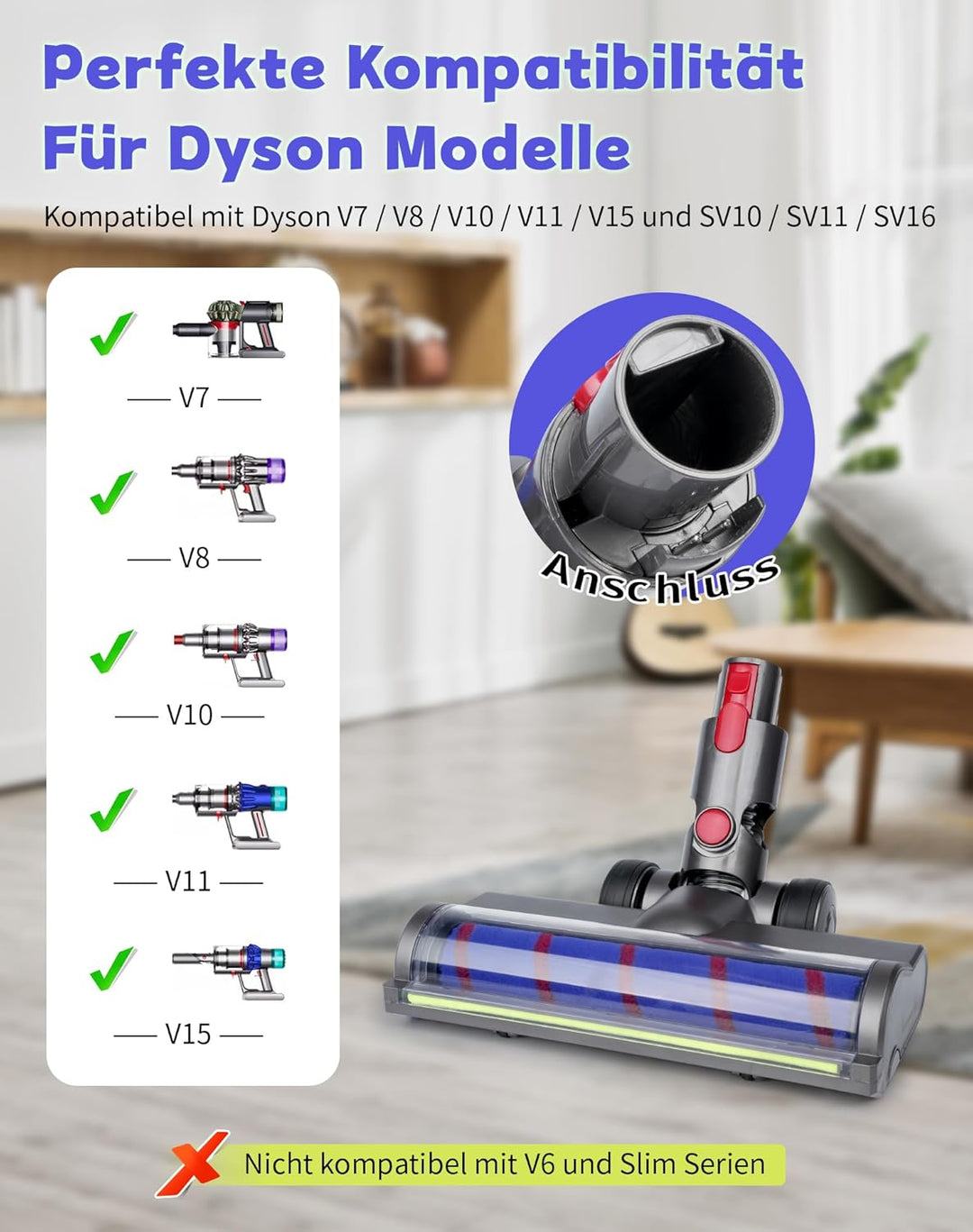 Bürste für Dyson V7 V8 V10 V11 V15 mit Grünem LED Licht, Weichwalze Bodenbürste Geeignet für Hartböd