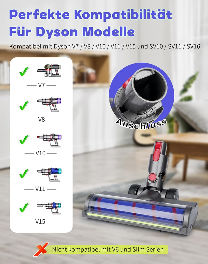 Bürste für Dyson V7 V8 V10 V11 V15 mit Grünem LED Licht, Weichwalze Bodenbürste Geeignet für Hartböd