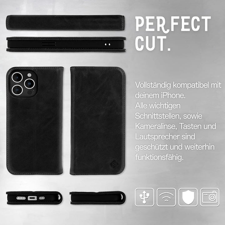 NALIA Echt-Leder Flipcase kompatibel mit iPhone 14 Pro Max Hülle, Handgefertigt Rindsleder Schutzhül