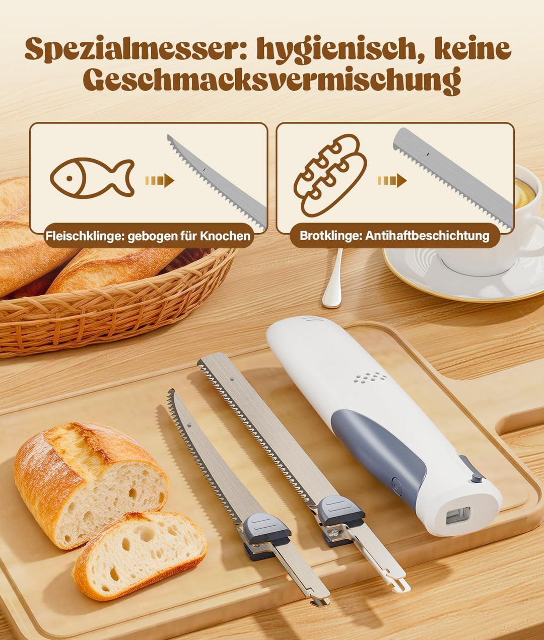 PAHTTO Elektromesser, Kabelloses Küchenmesser mit 2 Edelstahlklingen und Gabel, 8 V Elektrisches Mes