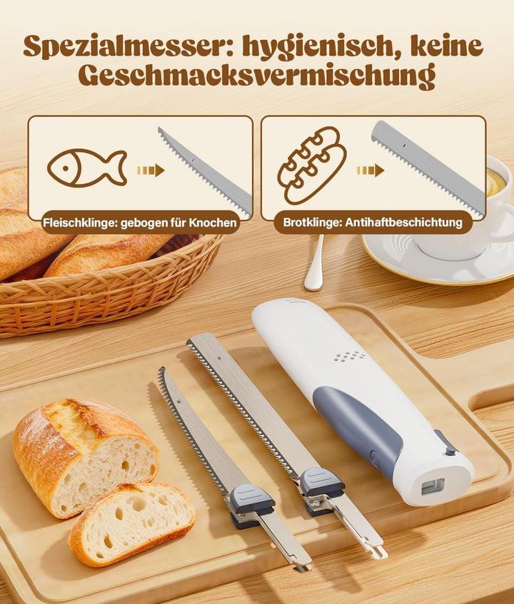 PAHTTO Elektromesser, Kabelloses Küchenmesser mit 2 Edelstahlklingen und Gabel, 8 V Elektrisches Mes